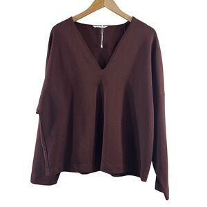 ZARA Women's Blouse Burgundy Cotton Blend V-Neck Long Sleeves Pullover Size L